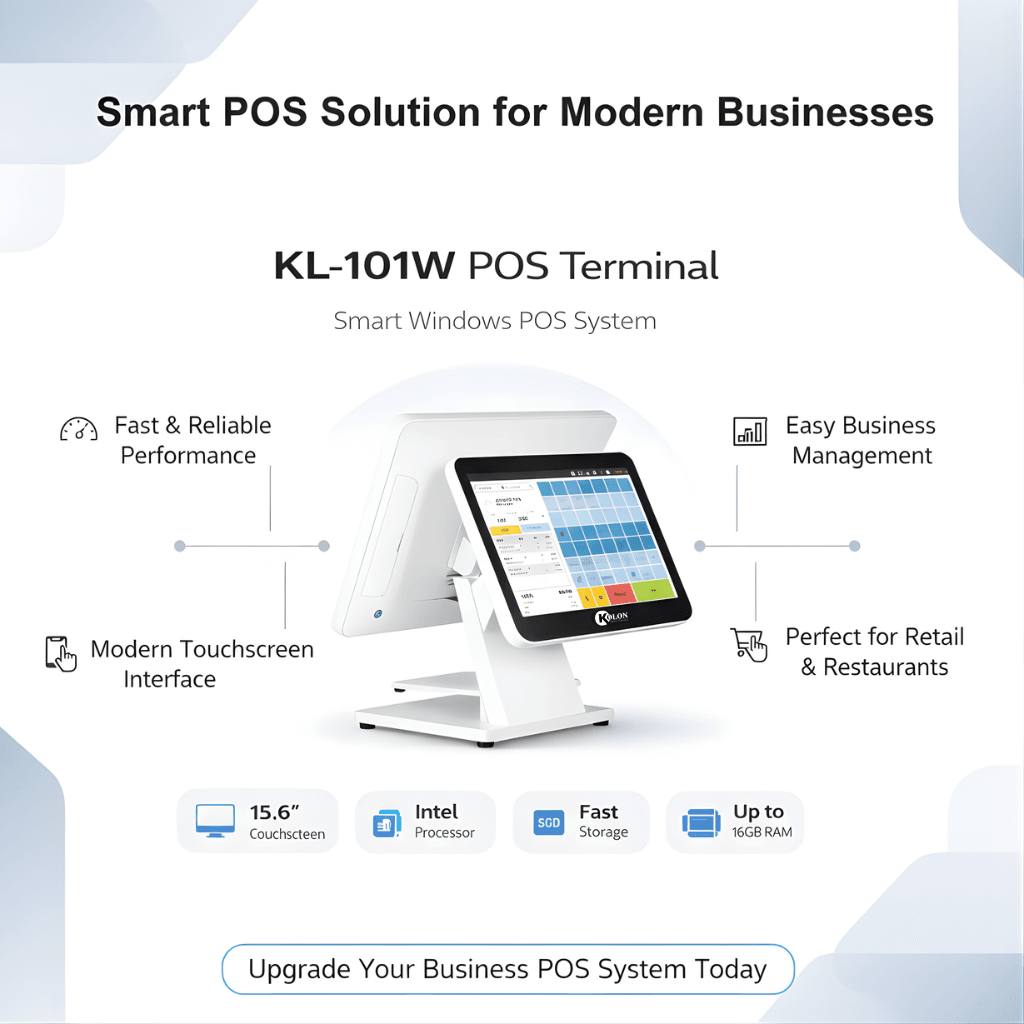 Kolon KL-101W all-in-one POS system with 15.6-inch touchscreen retail terminal display.